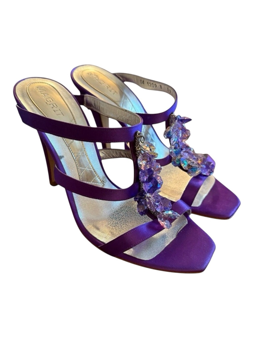 Magrit Sandal Heels Size 37 Purple Swarovski Crystals Open Toe Stiletto